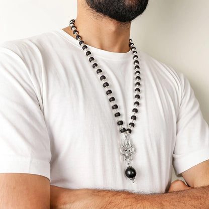 Om Shiva Trishool Karungali Mala | Silver Plated Karungali Necklace with Trishool Pendant