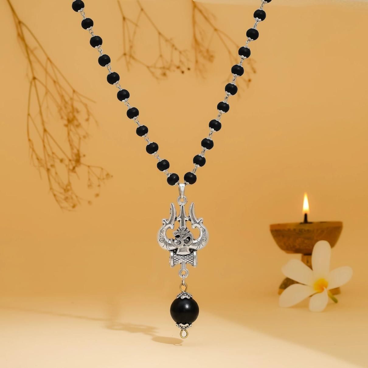 Om Shiva Trishool Karungali Mala | Silver Plated Karungali Necklace with Trishool Pendant